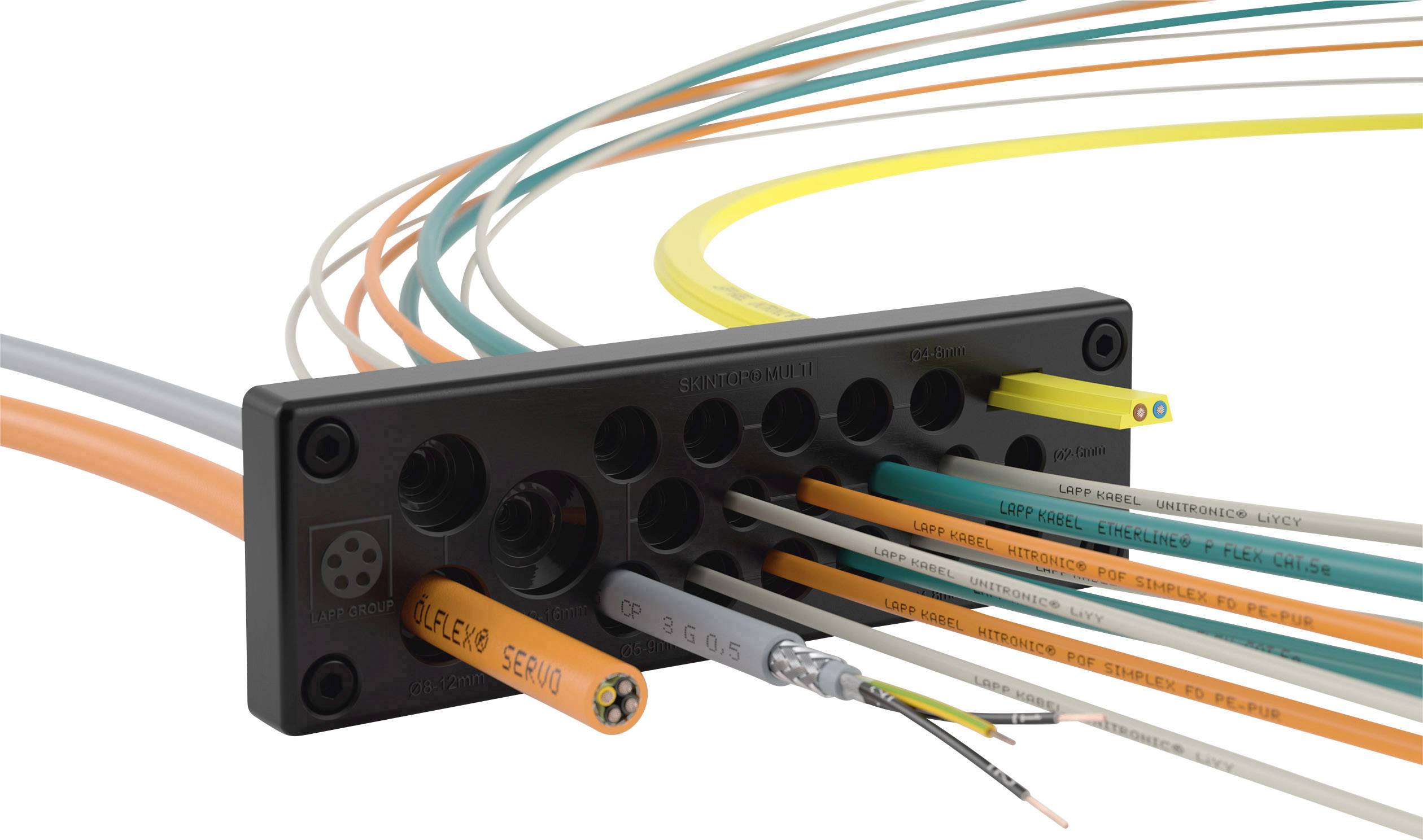 Un sistema di passaggio cavi con diversi cavi colorati che attraversano una piastra rettangolare nera. Principalmente utilizzato per installazioni elettriche.