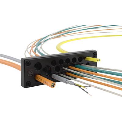 Un sistema di passaggio cavi con diversi cavi colorati che attraversano una piastra rettangolare nera. Principalmente utilizzato per installazioni elettriche.