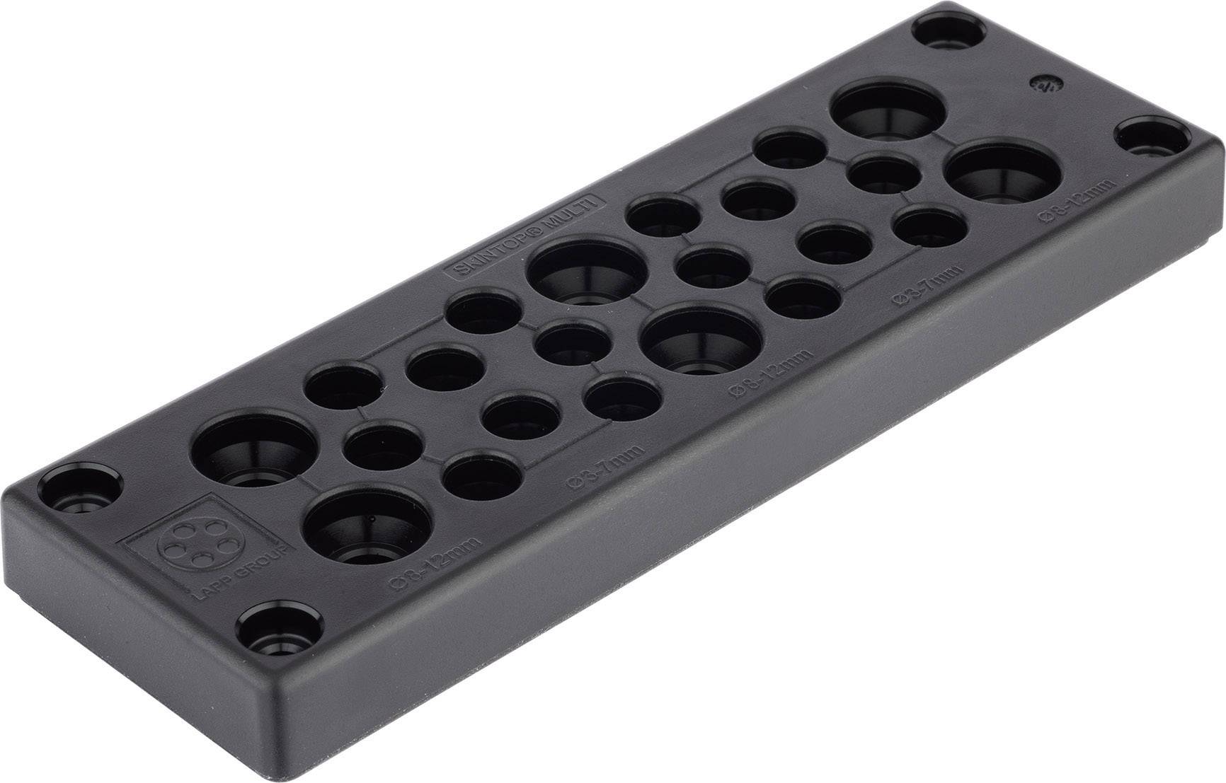 Un pezzo rettangolare di plastica nera con molte aperture rotonde di dimensioni diverse e disposte in vari schemi.