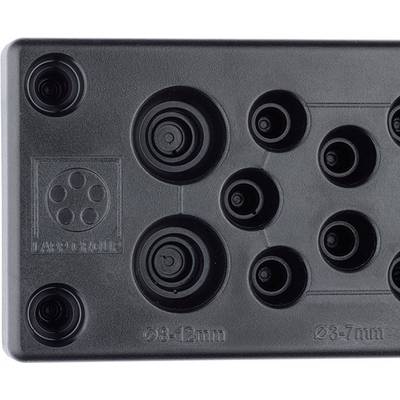 'Scatola assortimento' con diversi bottoni di tenuta in materiale nero, adatti per diametri di cavi da 3-12 mm.
