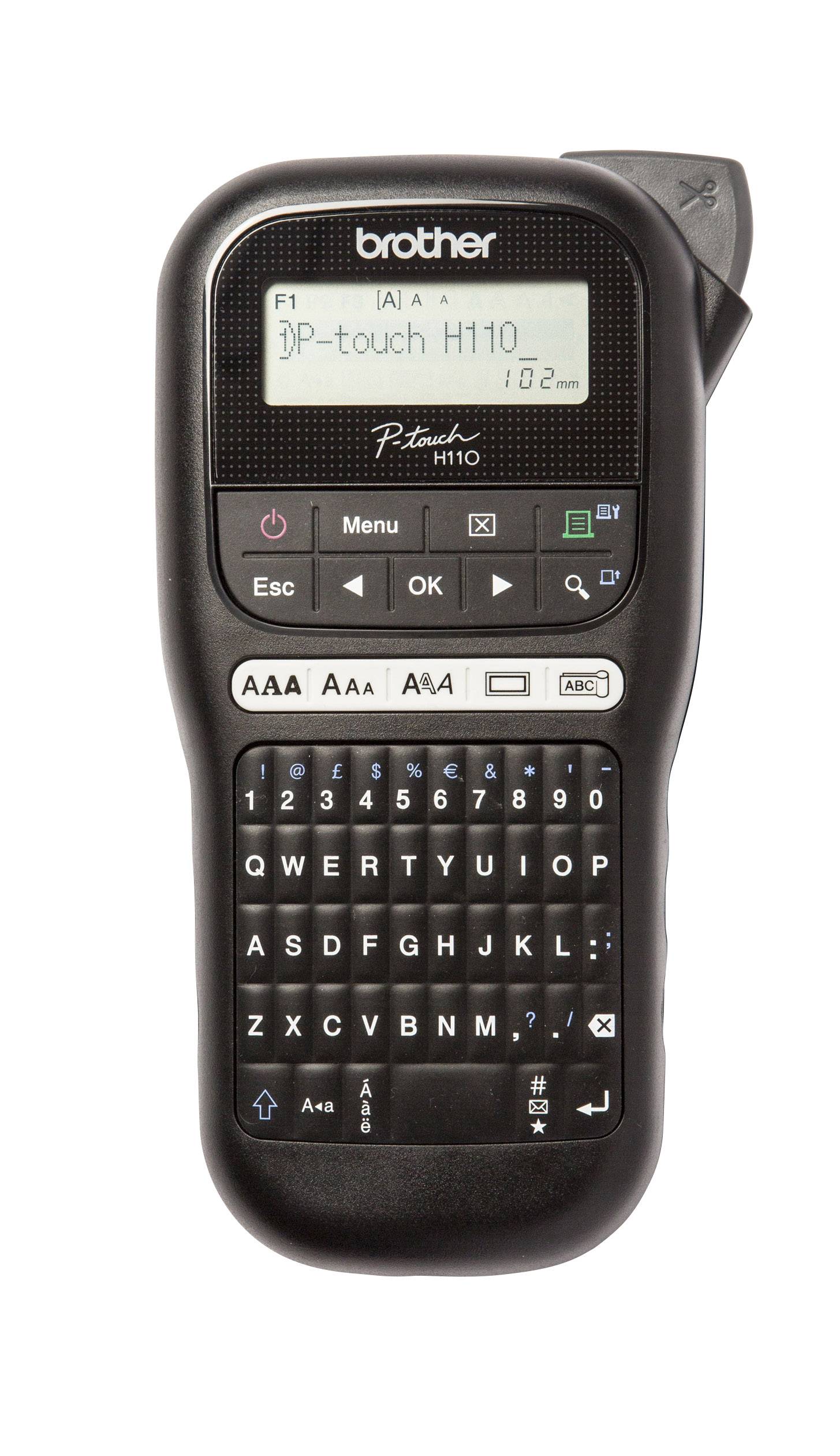 Un dispositivo portatile per l'etichettatura con tastiera e display che mostra il testo 'P-touch H110'. Ideale per la creazione di etichette.