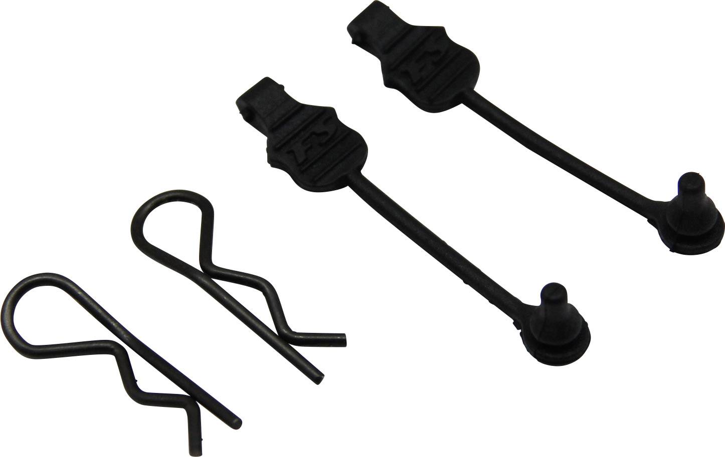 Due spine di sicurezza nere e due copiglie metalliche; pezzi di ricambio per componenti bicicletta.