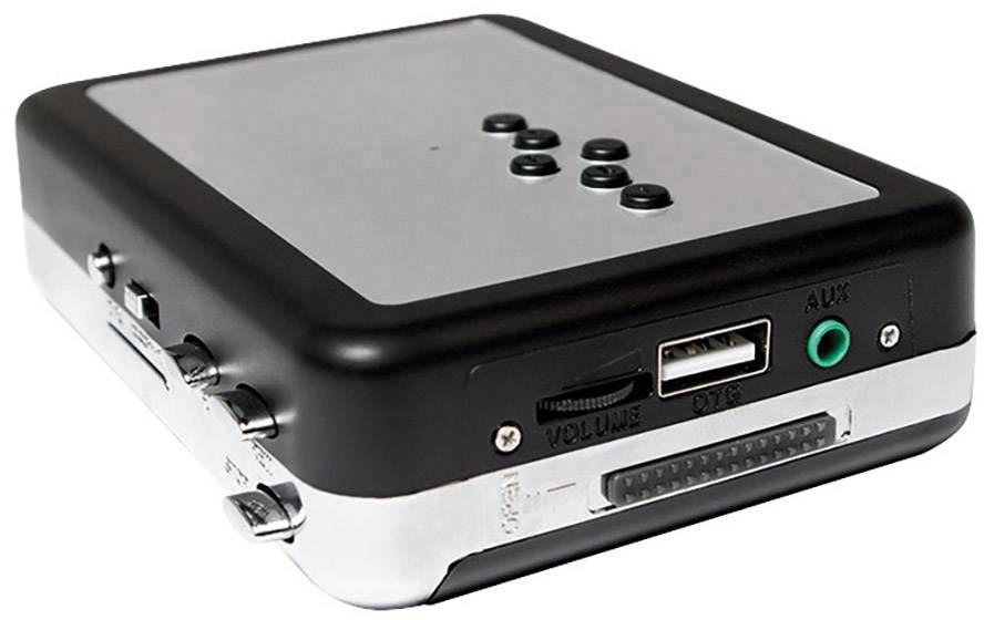 Un dispositivo elettronico nero rettangolare con pulsanti di controllo e porte di connessione, probabilmente un dispositivo audio o un convertitore.