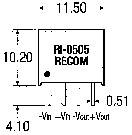 'Schéma di un convertitore RECOM con dimensioni: 11,50 mm di larghezza, 10,20 mm di altezza, 4,10 mm di profondità. Configurazione dei pin: +Vin, -Vin, +Vout, -Vout.'