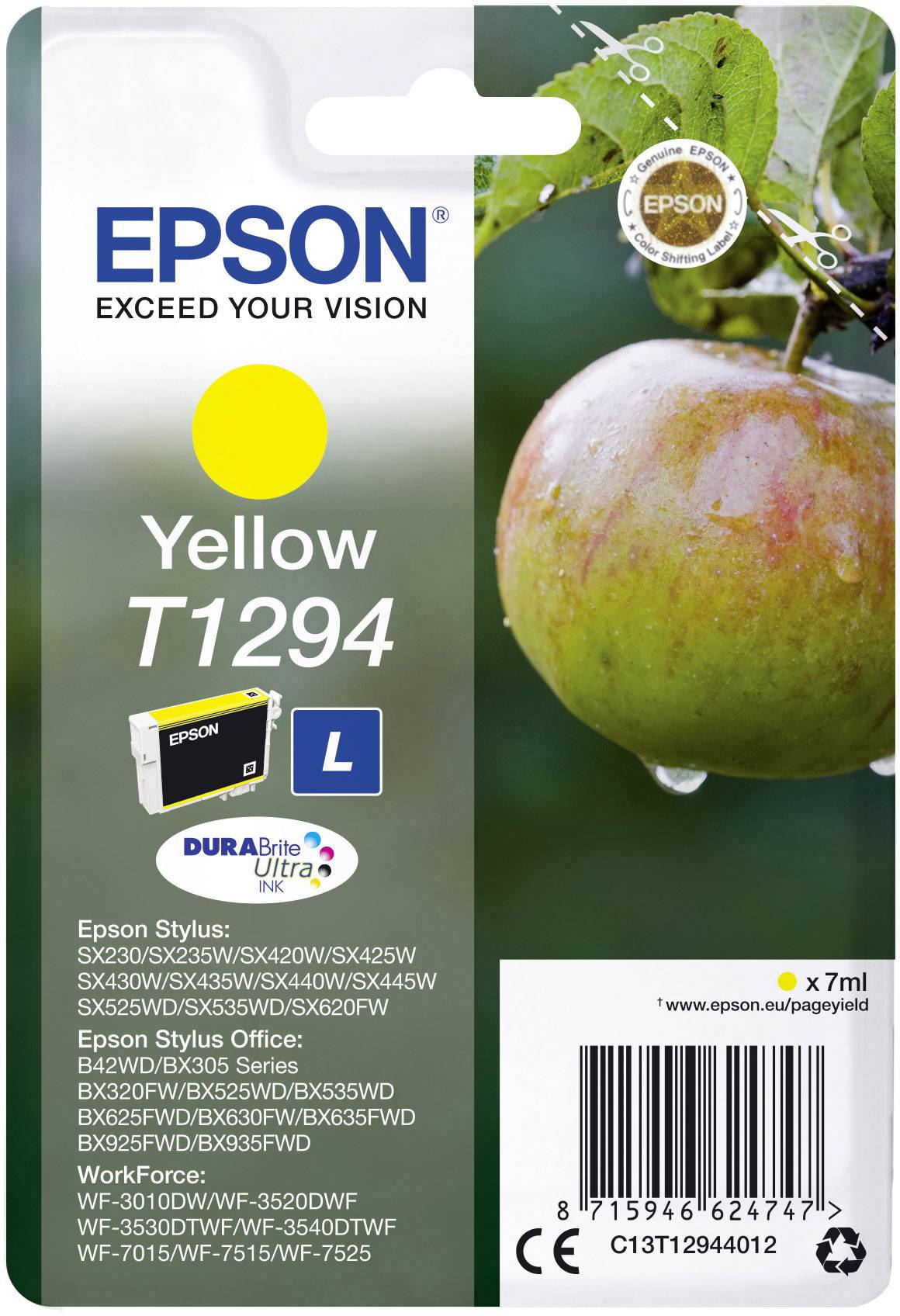 Cartuccia d'inchiostro Gialla 'T1294' di Epson. Compatibile con modelli come Stylus SX230 e WorkForce WF-3520. Inchiostro Durabrite Ultra.