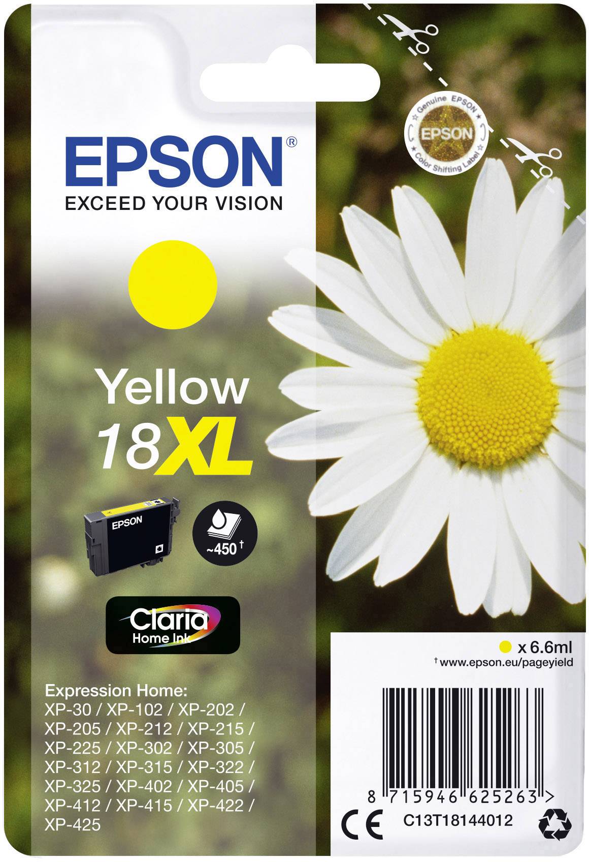 Cartuccia d'inchiostro Epson 18XL in Giallo. Adatta per modelli di stampanti come XP-302, XP-405. Raffigura un grande fiore di margherita.