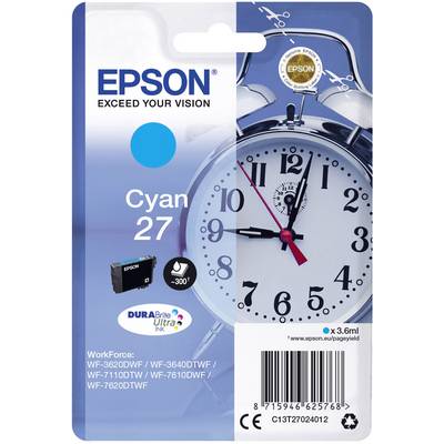 'Epson Cyan 27' Cartuccia di inchiostro con confezione contenente cartuccia e orologio. Compatibile con Epson WorkForce WF-3620DWF, WF-3640DTWF.