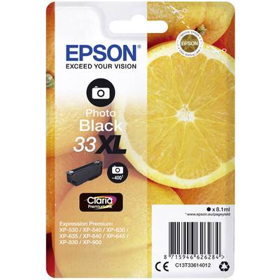 Confezione di una cartuccia d'inchiostro nera Epson '33XL', adatta a vari modelli di stampanti Expression Premium. Contiene 8,1 ml. Sullo sfondo si vedono delle arance.