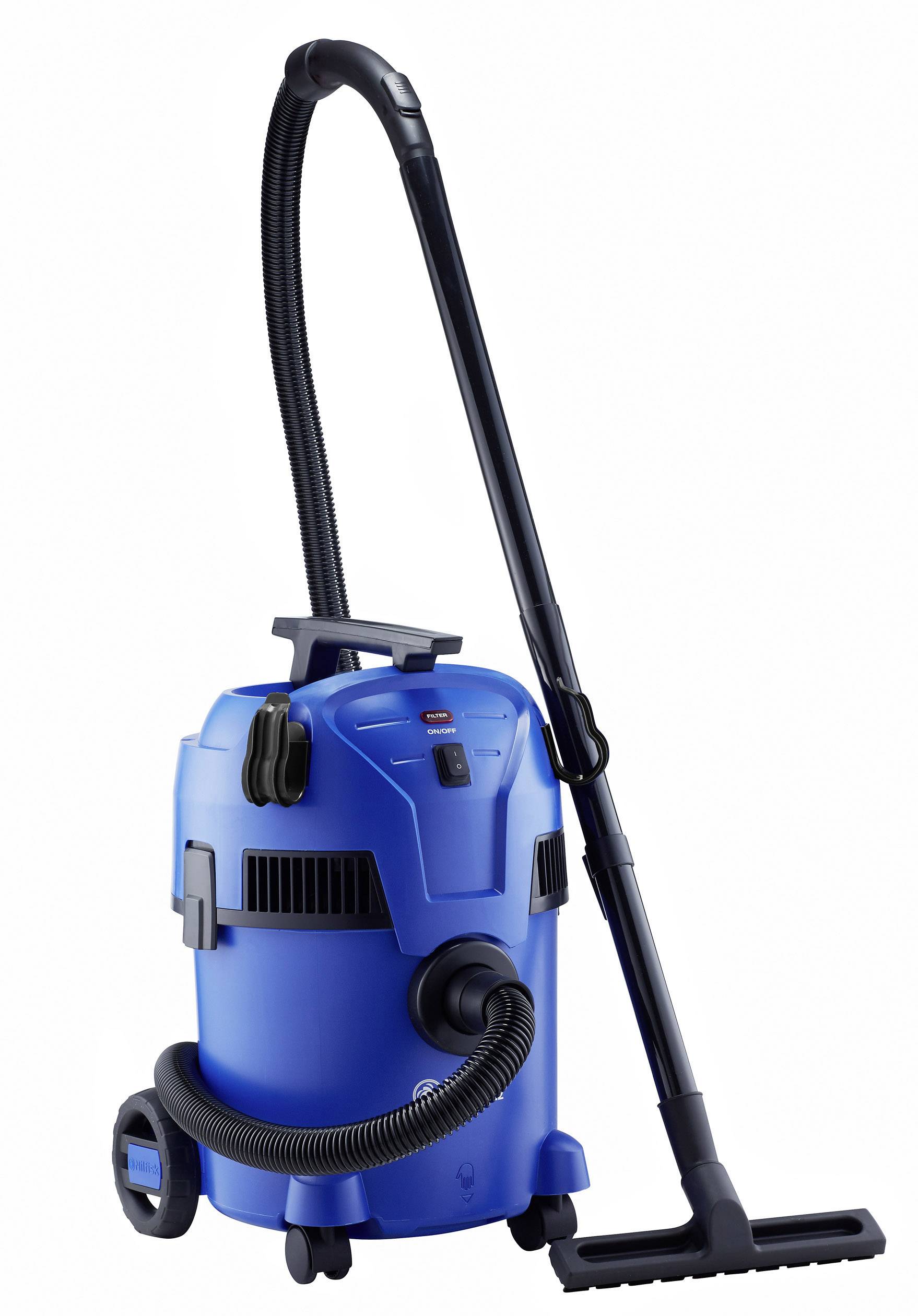 Un aspirapolvere industriale blu con tubo e impugnatura neri, ideale per la pulizia di grandi superfici e officine.