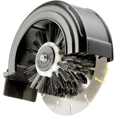 Una spazzola rotonda in plastica con setole su un supporto metallico, adatta per la pulizia di superfici.