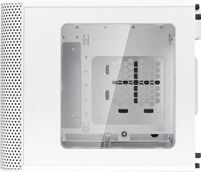 Un case per computer bianco e vuoto con finestra laterale e parete laterale ventilata, adatto per l'assemblaggio personalizzato di componenti PC.