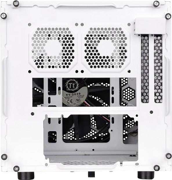 Retro di un case per computer bianco con aperture per ventole e slot di espansione.