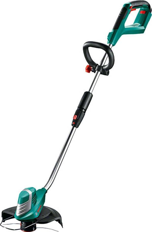 Tagliabordi a batteria con involucro verde e nero e impugnatura regolabile. Ideale per tagliare i bordi dell'erba e raggiungere zone difficili da accessibili.