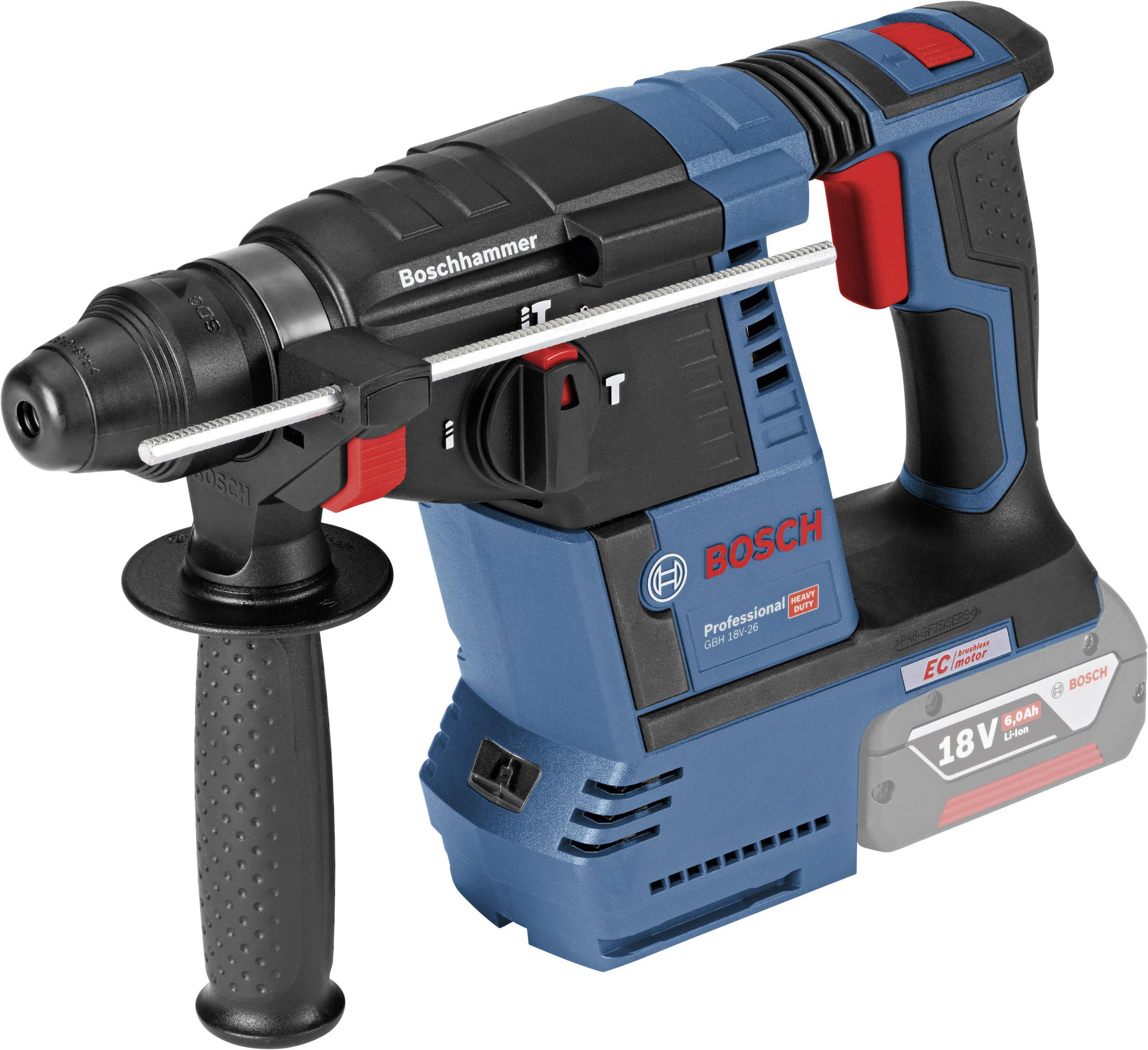 Un martello perforatore a batteria Bosch blu e nero con interruttore rosso e batteria agli ioni di litio da 18V in basso a sinistra.