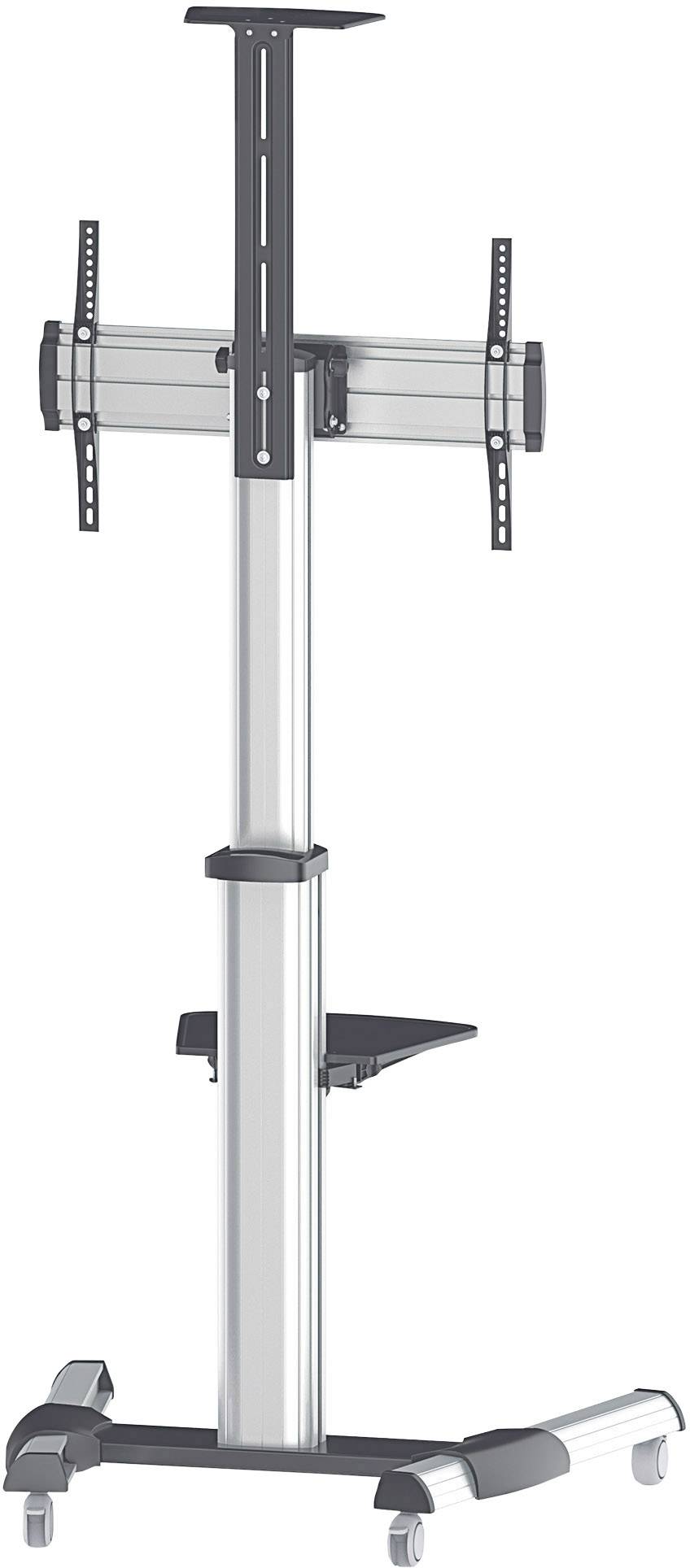 Supporto TV mobile in metallo con ruote, regolabile in altezza, con supporto per schermi piatti e un ripiano.