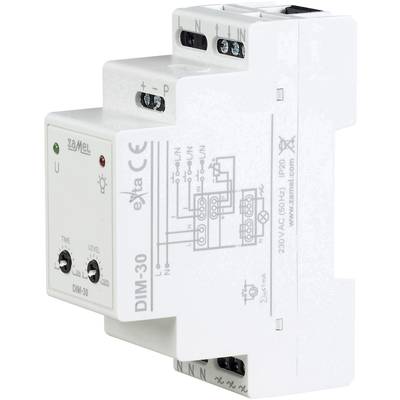 Un dimmer elettronico bianco 'DIM-30' di Zamel per il montaggio su guida DIN, con morsetti e schema di collegamento sulla superficie.