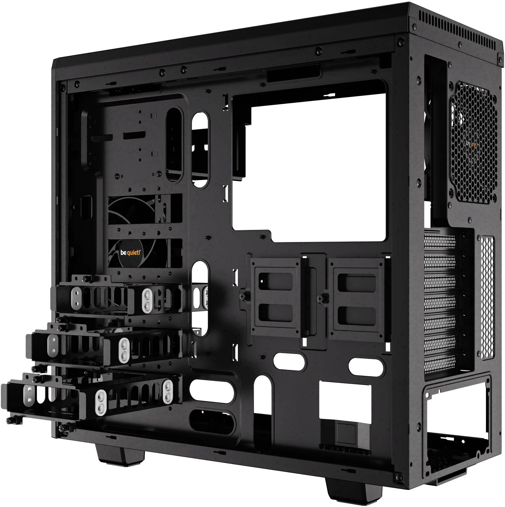 Custodia per computer nera senza copertura, mostra la struttura interna aperta con vani per hard disk e supporti per ventole. Ideale per progetti di assemblaggio PC.