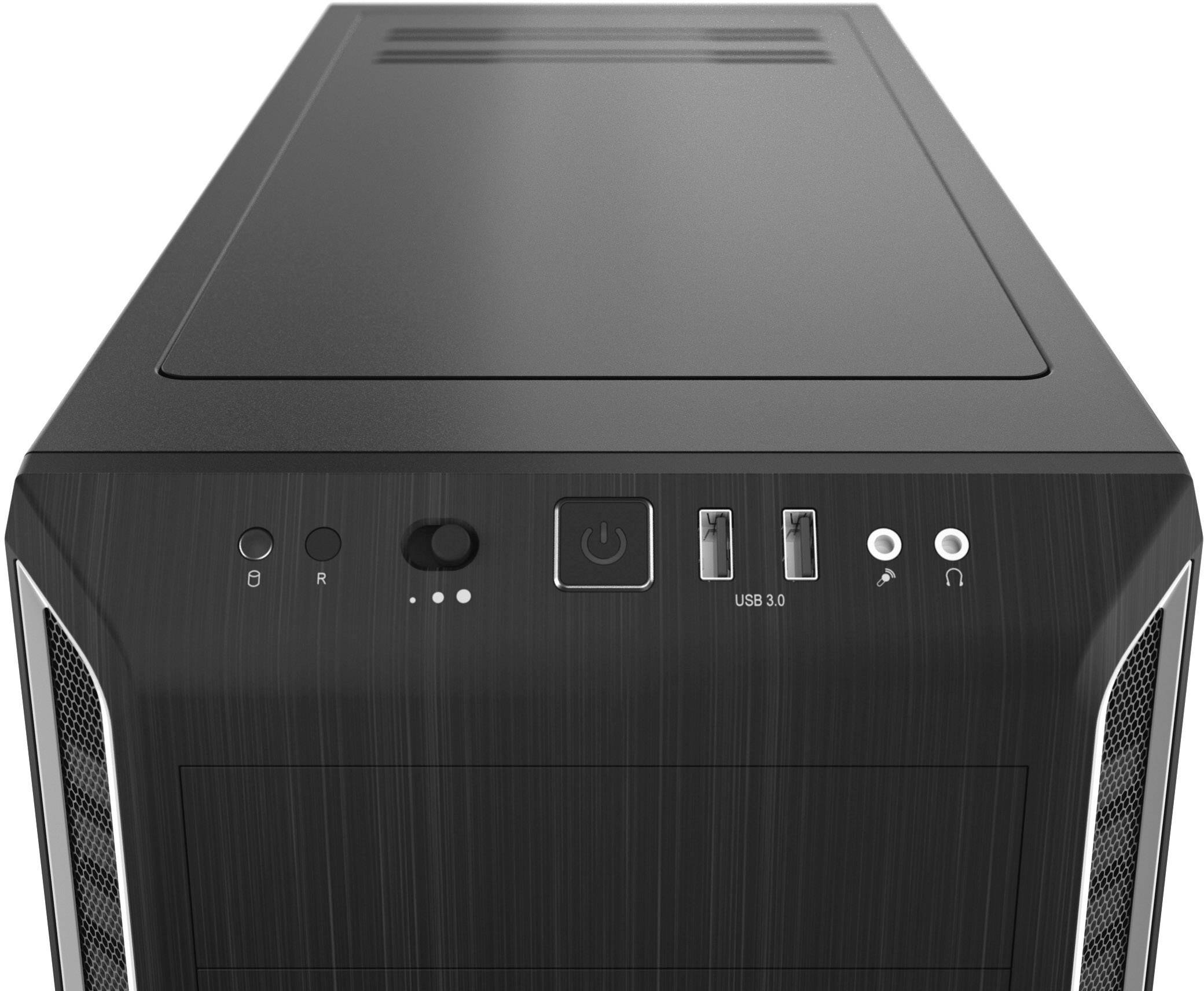 Custodia per computer nera con porte USB e tasto di accensione sul lato frontale.