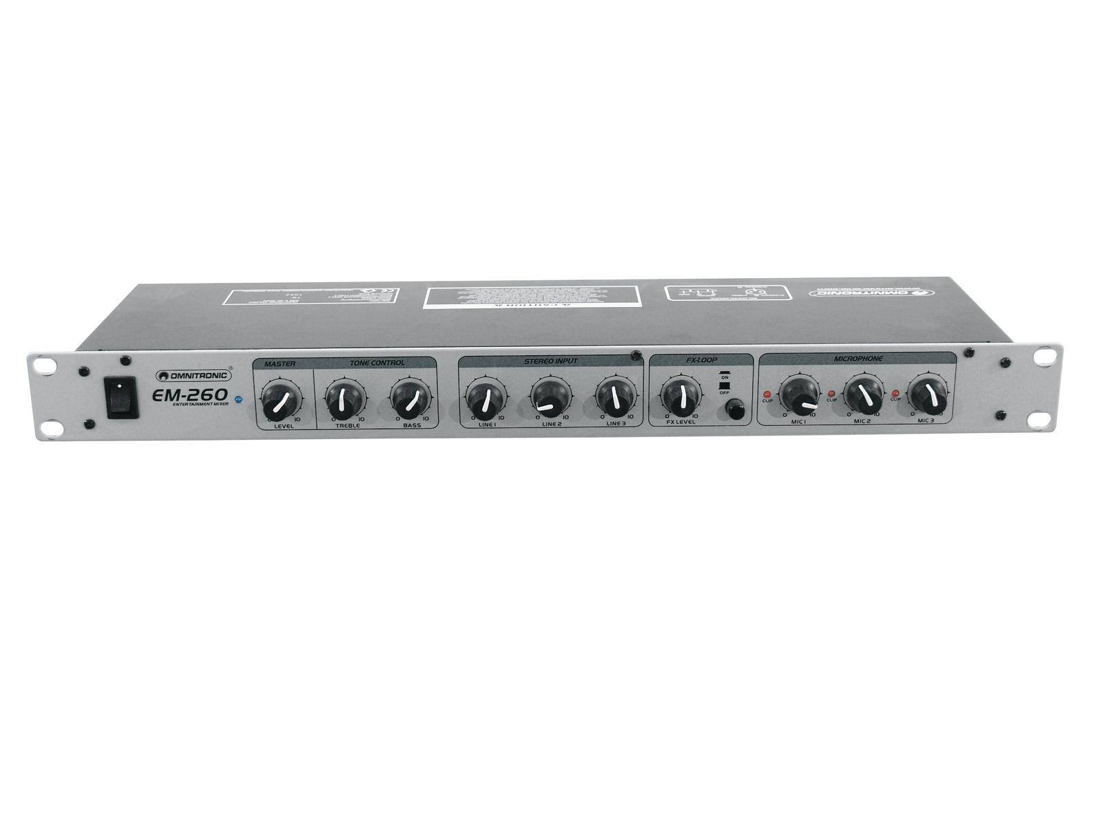 Un mixer con diversi potenziometri e display per il controllo del suono, modello EM-260. Interruttore principale a sinistra, comandi per volume e tono.