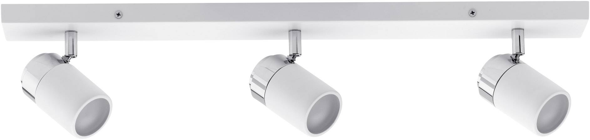 Un lampadario da soffitto bianco con tre proiettori cilindrici regolabili, in grado di illuminare diverse aree di una stanza.