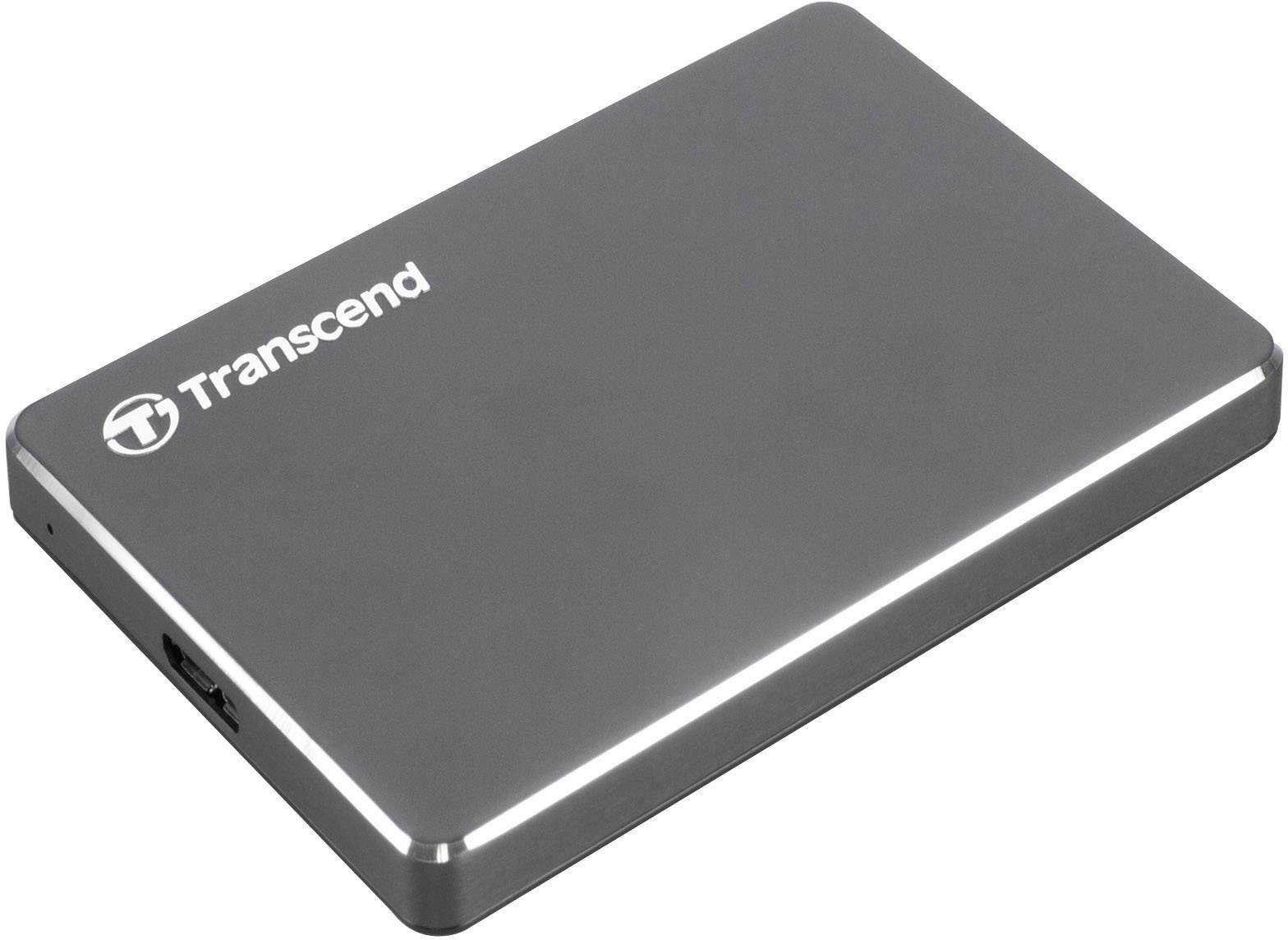 Hard disk esterno Transcend di colore argento, dal design sottile e rettangolare, privo di connessioni o cavi visibili.