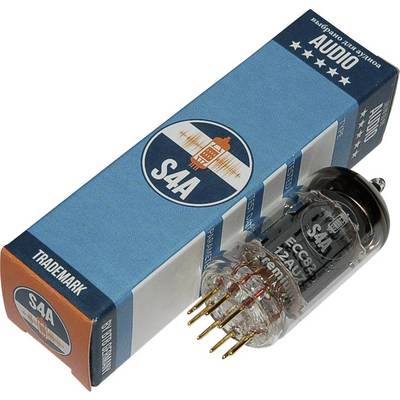 Tubo S4A Audi 'ECC82 / 12AU7' confezionato e sconfezionato. Il tubo ha piedini dorati e un coperchio in vetro trasparente.