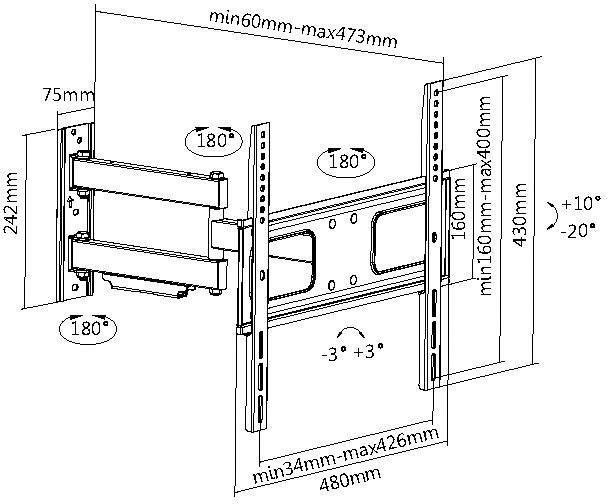 Disegno tecnico di un supporto a parete per TV, mostra angoli di altezza e rotazione regolabili, carichi massimi e dimensioni.