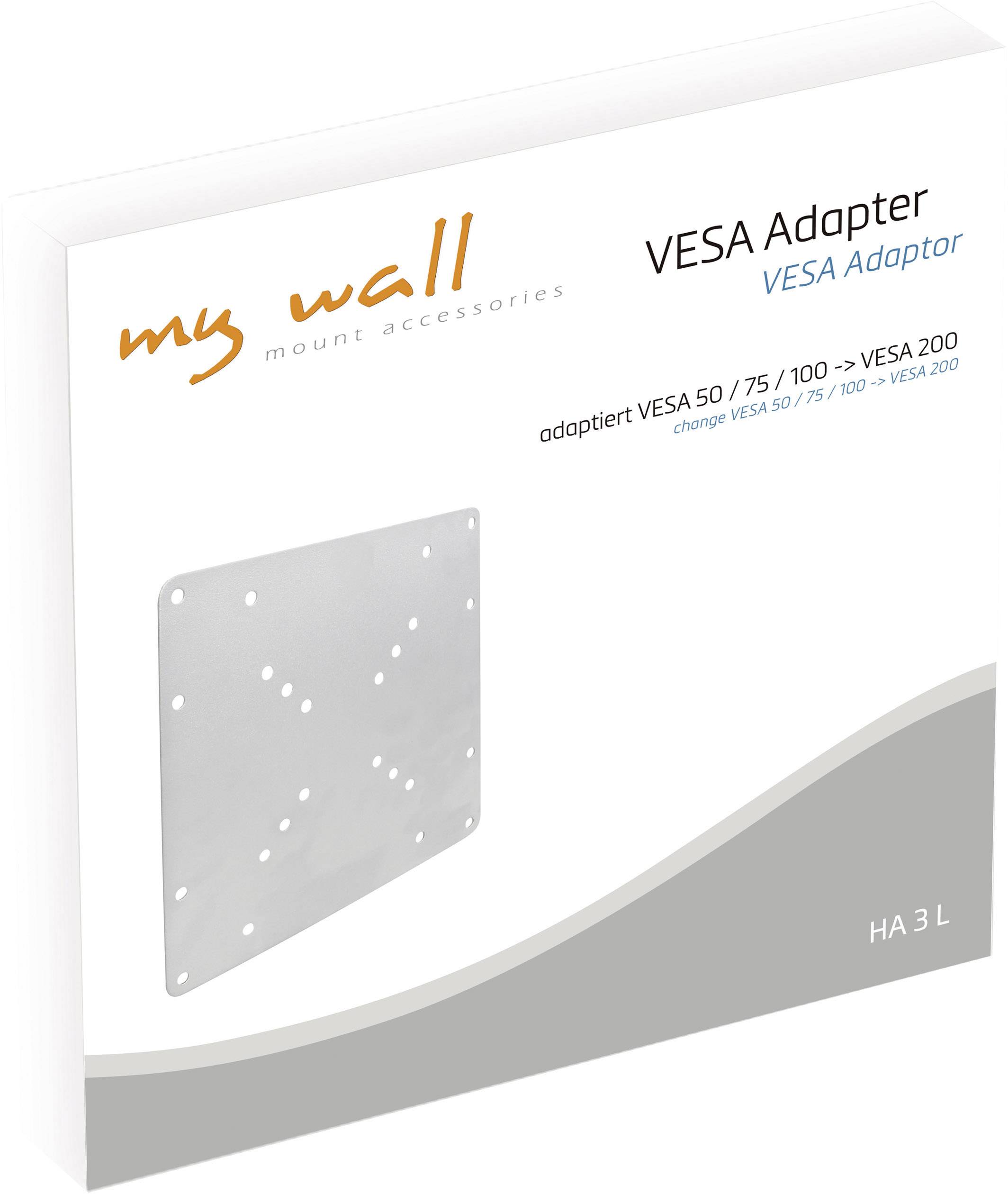 Confezione dell'Adattatore VESA che mostra una piastra adattatrice argentata con diversi fori. Marca 'my wall', compatibile da VESA 50/75/100 a VESA 200.