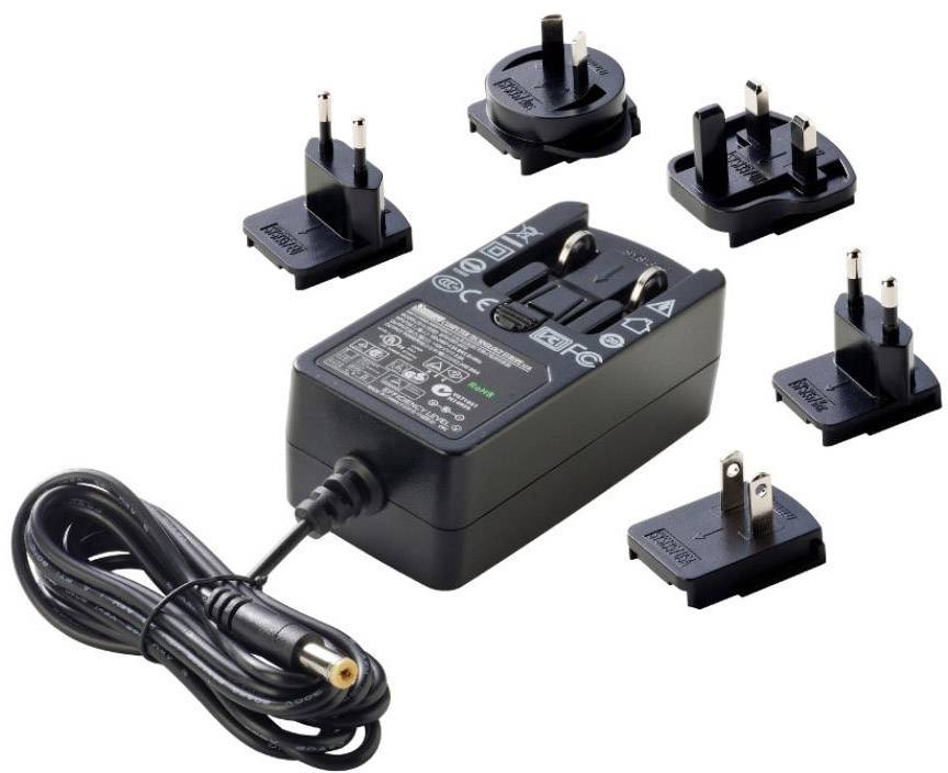 'Alimentatore da rete con diversi adattatori intercambiabili per spine elettriche di vari paesi nel mondo.'