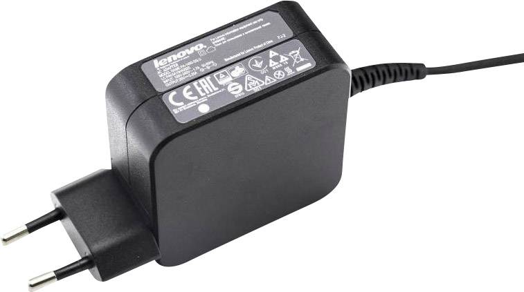 Caricabatterie nero Lenovo con spina EU, con stampe bianche recanti specifiche e simboli sulla parte superiore, adatto per dispositivi elettronici.