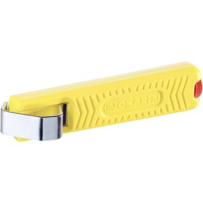 Attrezzo giallo con cursore rosso e lama argentata. Utilizzato per spelare i cavi.