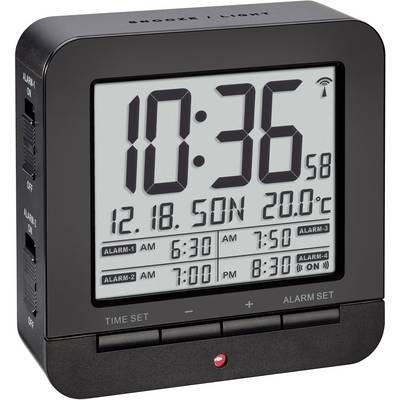 Un orologio digitale mostra l'ora 10:36:58, la data 18/12 Domenica e la temperatura 20,0°C. Gli orari di allarme sono impostati.