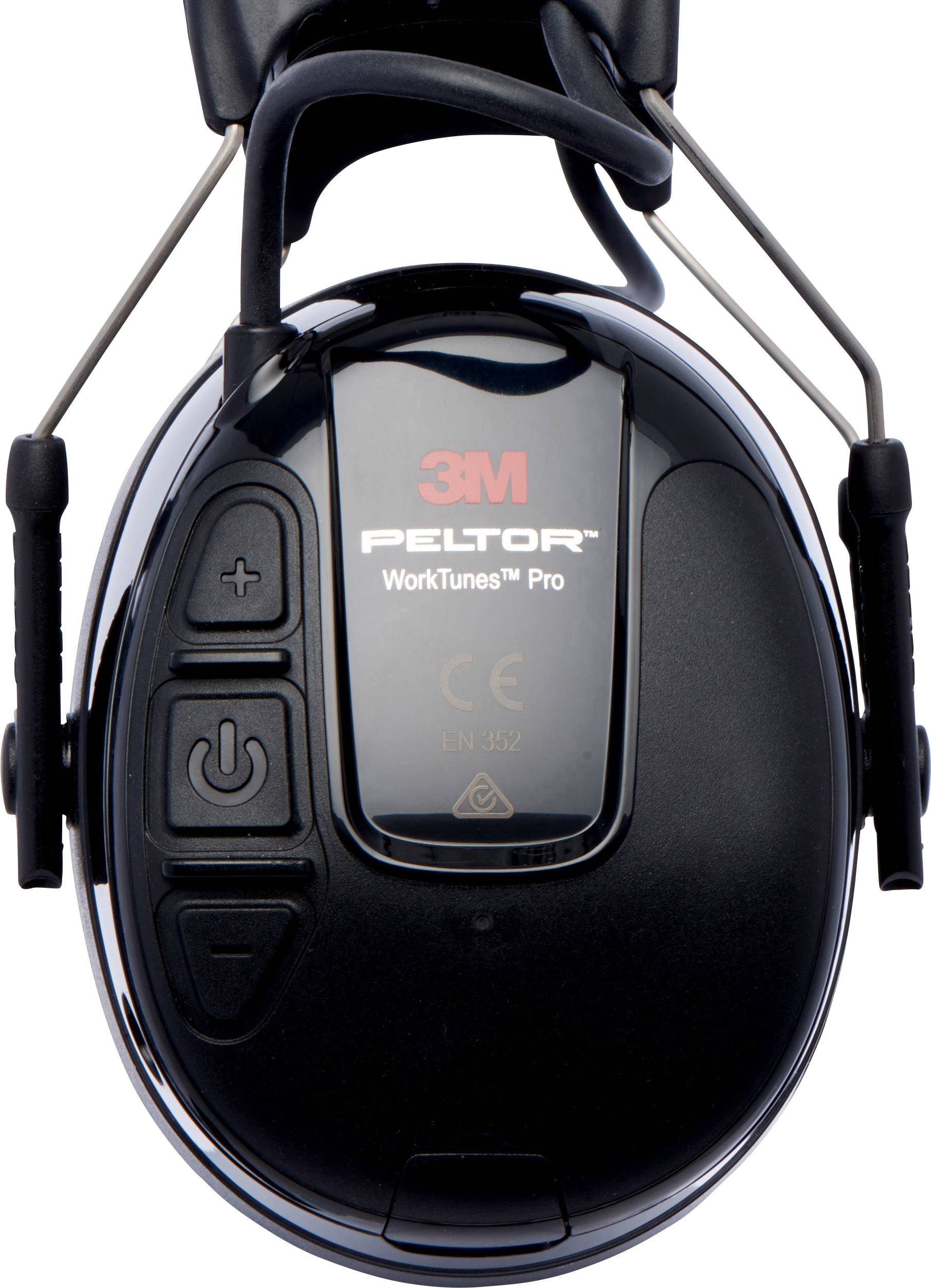 Cuffie protettive nere con radio integrata di 3M, modello 'Peltor WorkTunes Pro', con pulsanti di controllo sul lato sinistro.