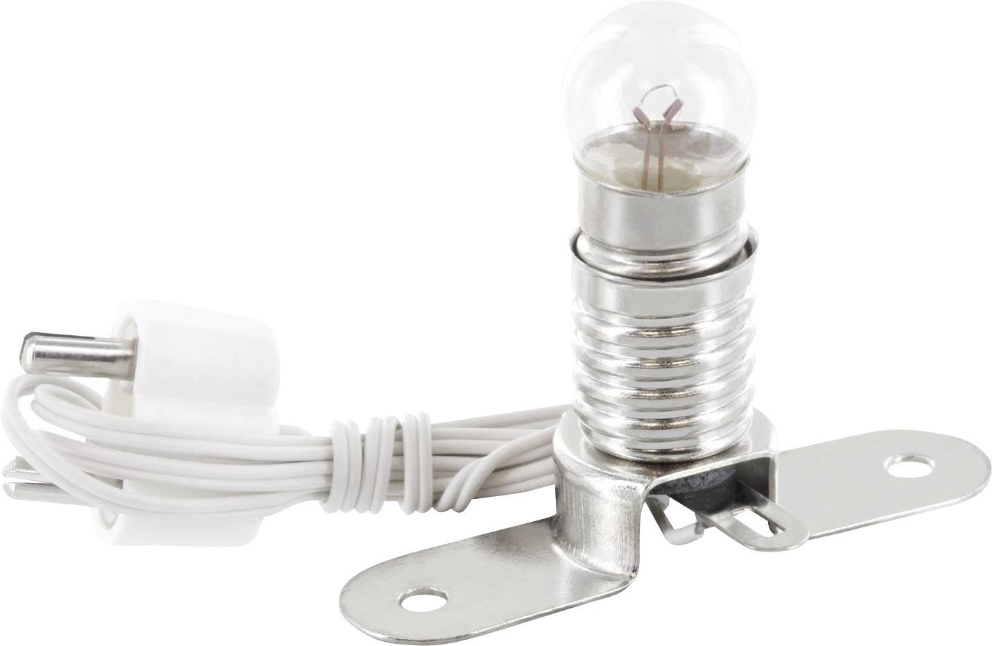 Una piccola lampadina con attacco metallico e cavi bianchi. È destinata all'installazione in un dispositivo elettrico.