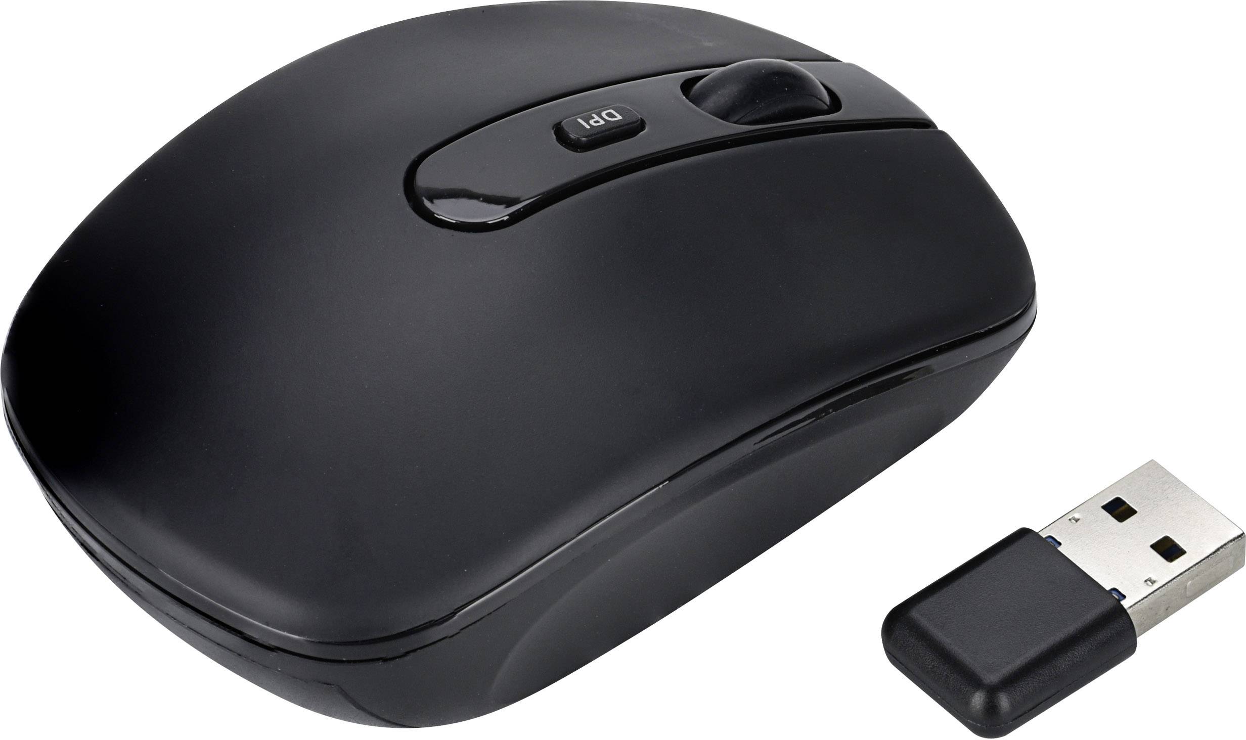 Mouse nera wireless con ricevitore USB, idonea per la connessione a computer o laptop.