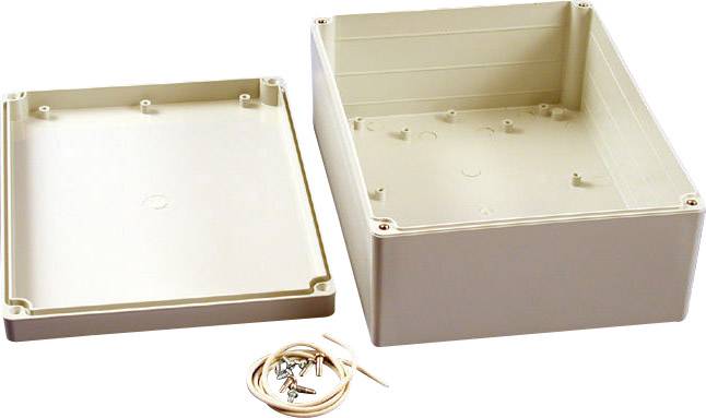 Un involucro rettangolare beige in plastica con il coperchio rimosso. Accanto viti e cavi. Adatto per componenti elettronici.