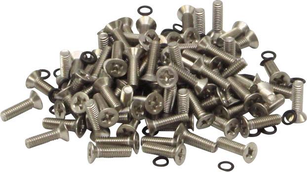 Un mucchio di viti a testa svasata metalliche e piccole rondelle nere.