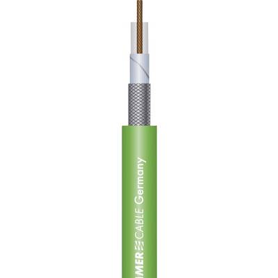 Cavo coassiale verde con marcatura 'MIELE CABLE Germany', conduttore interno in rame visibile e uno strato isolante.