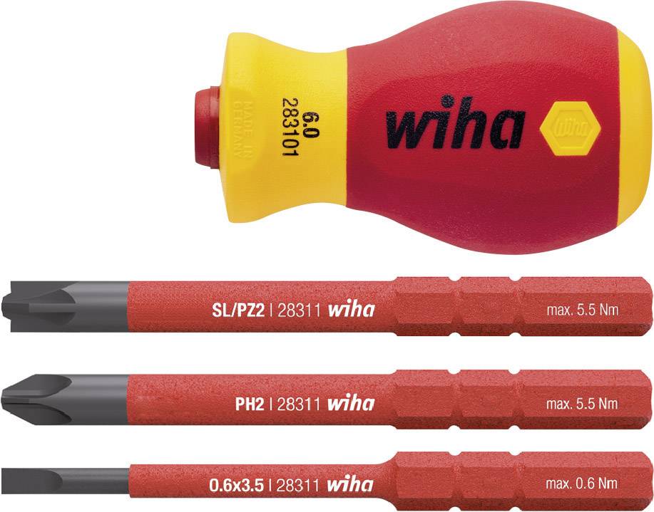 'Impugnatura Wiha e tre inserti per cacciavite rossi con le scritte: SL/PZ1, PH2, 0.6x3.5. Coppia massima di 5,5 Nm.'