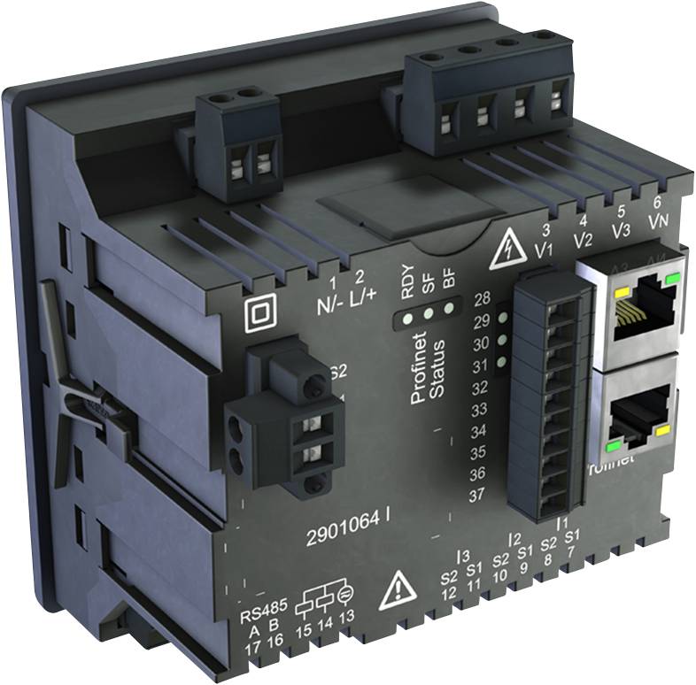 Dispositivo di controllo elettronico con molteplici connessioni e indicatori di stato, idoneo per applicazioni industriali e reti.
