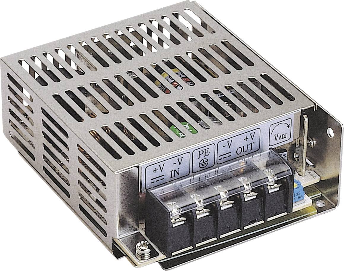 Involucro di un alimentatore AC/DC con feritoie di ventilazione. Diversi morsetti di connessione per '+V', '-V', 'IN', 'OUT', 'V.ADJ'.