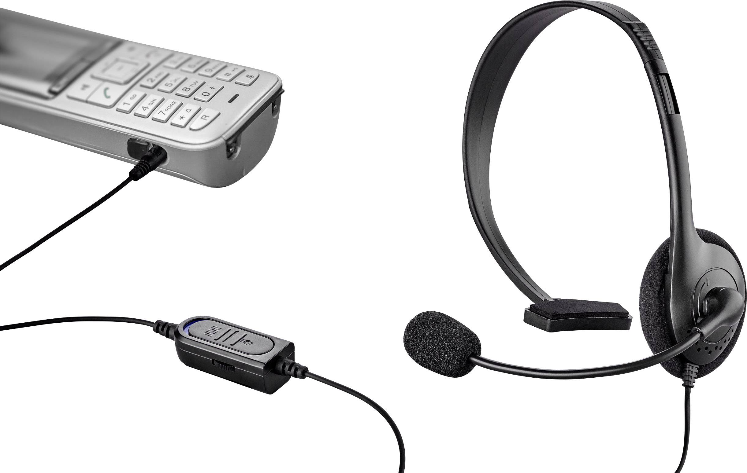 Un auricolare è collegato a un telefono. Mostra un microfono e padiglioni auricolari collegati tramite cavo a un dispositivo mobile.