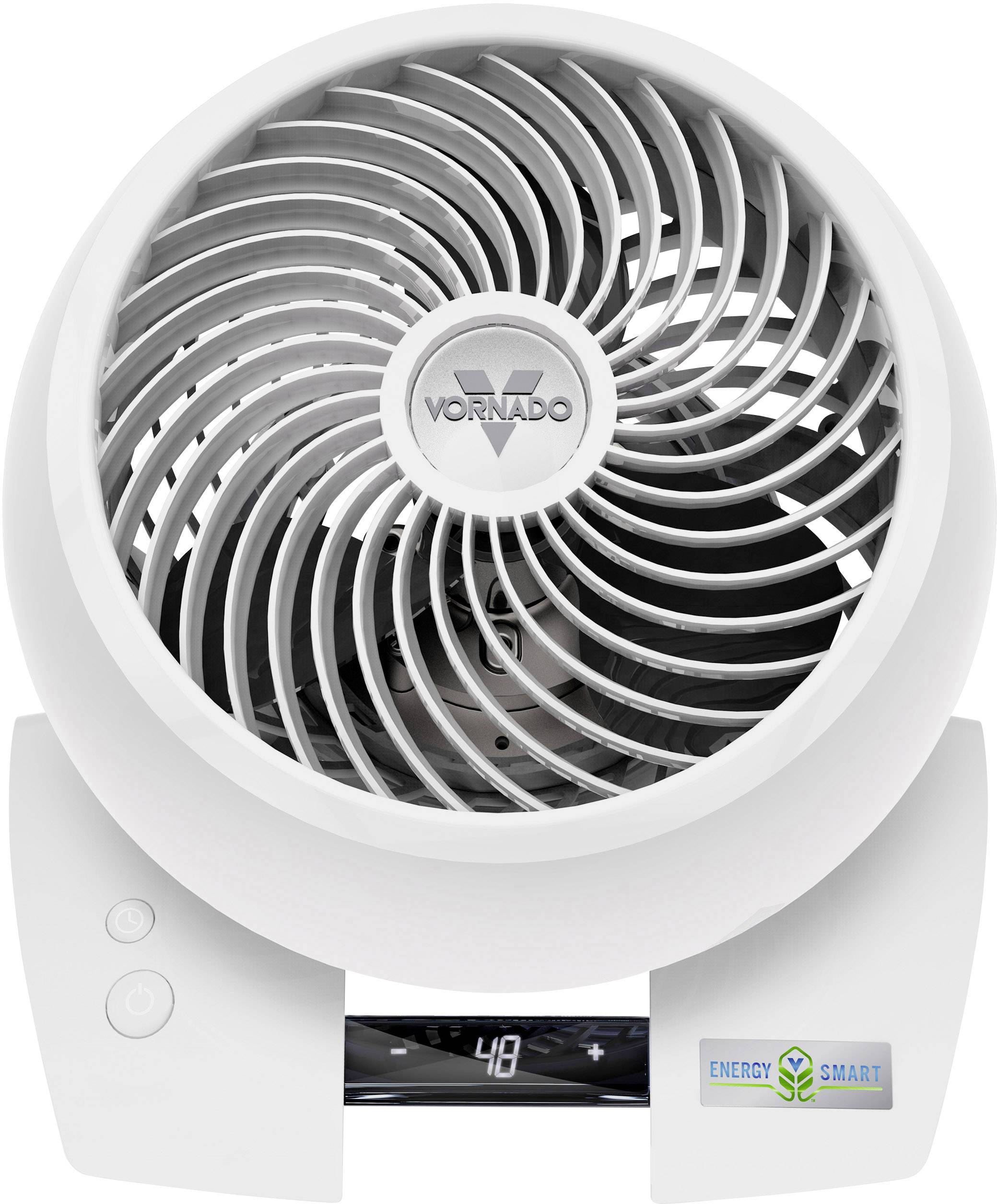 Ventilatore da tavolo bianco visto dall'alto, con pannello di controllo visibile, due tasti e logo 'Energy Smart'.