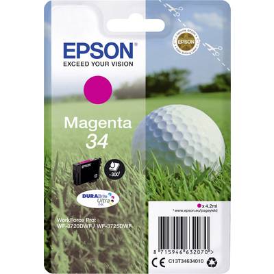 Cartuccia d'inchiostro Epson Magenta 34 per modelli di stampante WF-3720DWF e WF-3725DWF; sulla confezione è raffigurata una pallina da golf sull'erba.