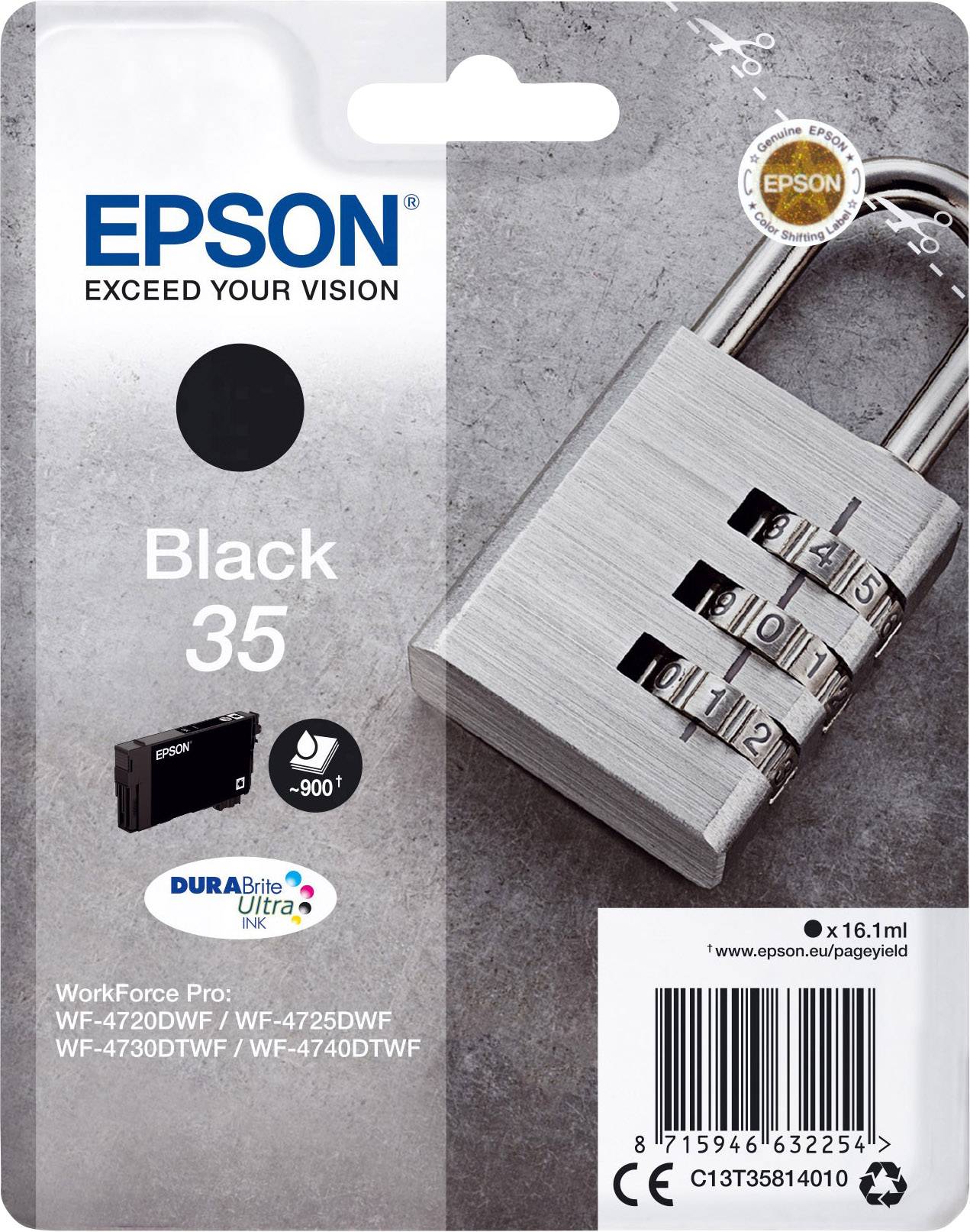 Una cartuccia d'inchiostro Epson in nero (tipo 35) accanto a un lucchetto numerico argentato. Compatibile con WorkForce WF-4720DWF, WF-4740DTWF.