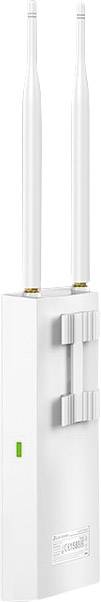 Un router Wi-Fi bianco e rettangolare con due antenne verticali mostra un'indicazione LED verde sul lato.