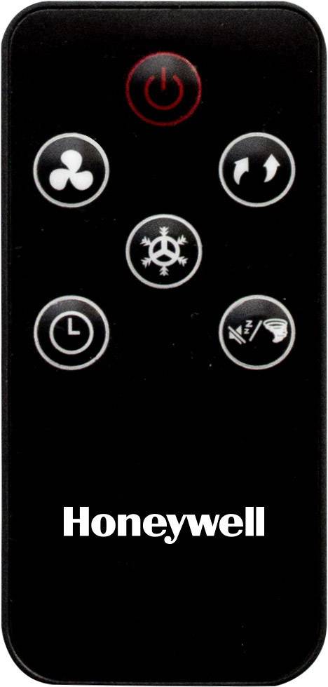 Telecomando nero con sei tasti a simboli: Accensione, Ventilatore, Fiocco di neve, Orologio, Illuminazione e Vorticazione. Nome del marchio in basso.