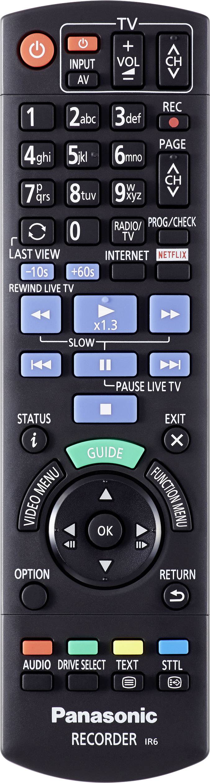 Un telecomando nero Panasonic per registratore con tasti colorati per il controllo TV, registrazione, volume e navigazione.