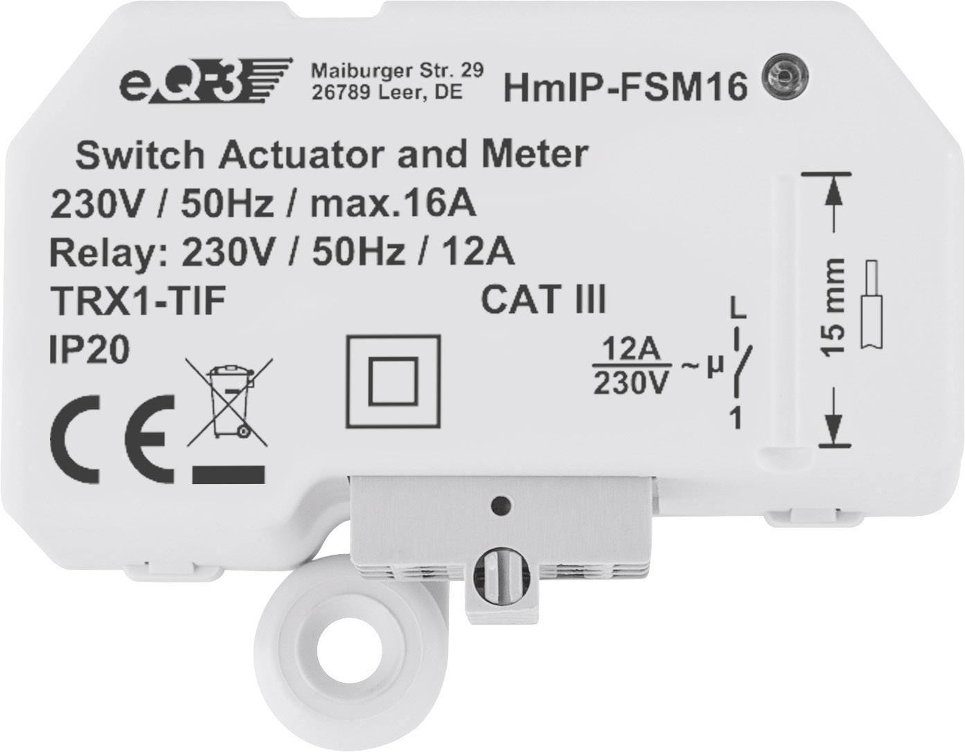 'Attuatore e Contatore', dispositivo elettrico bianco, mostra specifiche tecniche come 230V/50Hz, max. 16A, grado di protezione IP20.