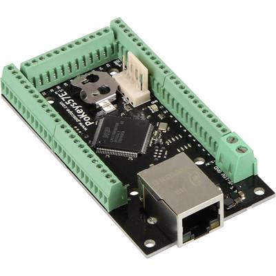Una scheda madre nera con morsetti di connessione verdi, una porta Ethernet e diversi componenti microcontrollore.